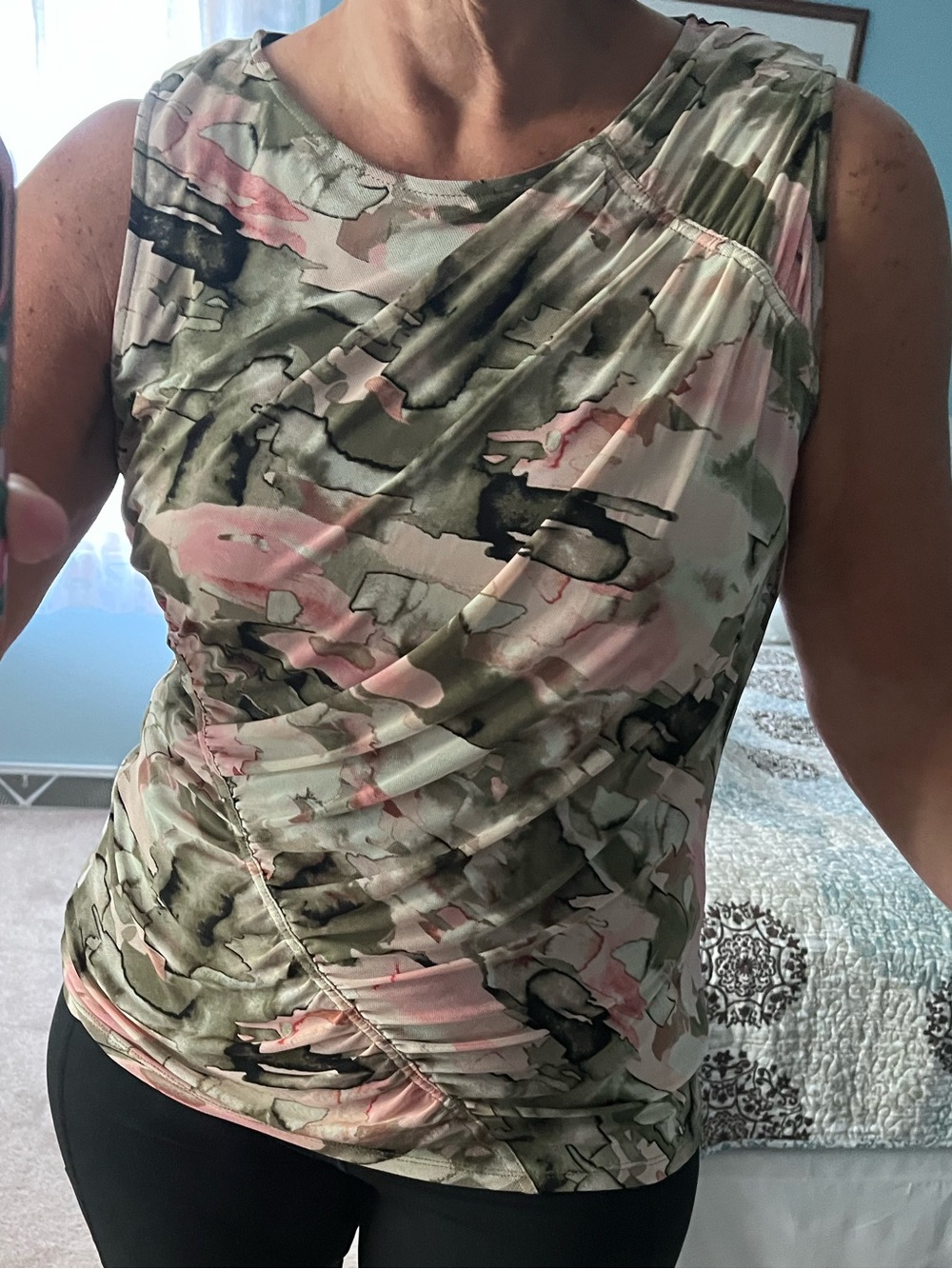 DKNY Sleeveless Drape Top — Pink, Olive & Black